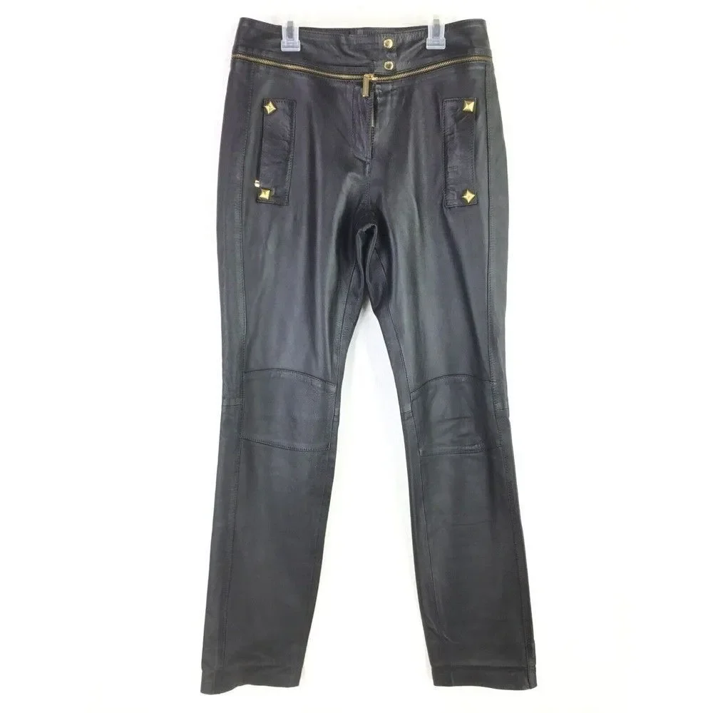 Lilly Sarti Lambskin Leather Moto Pants Size 40 Black Gold Designer Brazil - Picture 6 of 11